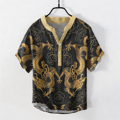 Buddha Stones Cotton Dragon Cloud Emblem Men's Short Sleeve Half Button Shirt - Gold - US/UK/AU50，EU60 (5XL) - image 0