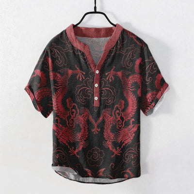 Buddha Stones Cotton Dragon Cloud Emblem Men's Short Sleeve Half Button Shirt - FireBrick - US/UK/AU50，EU60 (5XL) - image 5