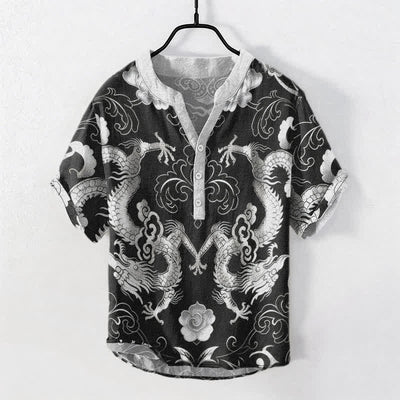 Buddha Stones Cotton Dragon Cloud Emblem Men's Short Sleeve Half Button Shirt - DarkGray - US/UK/AU50，EU60 (5XL) - image 7