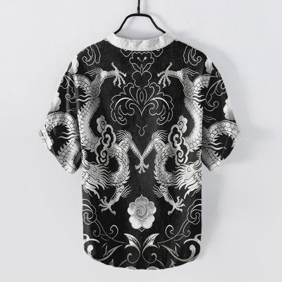 Buddha Stones Cotton Dragon Cloud Emblem Men's Short Sleeve Half Button Shirt - image 8