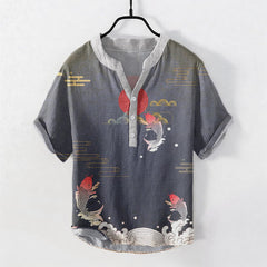 Buddha Stones Cotton Koi Fish Red Sun Cloud Emblem Men's Short Sleeve Half Button Shirt - DimGray - US/UK/AU50，EU60 (5XL) - image 0