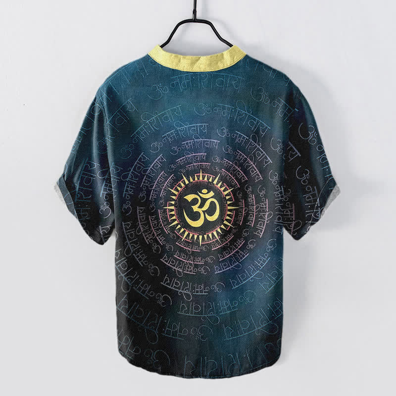 Buddha Stones Cotton Om Mantra Emblem Men's Short Sleeve Half Button Shirt - image 1