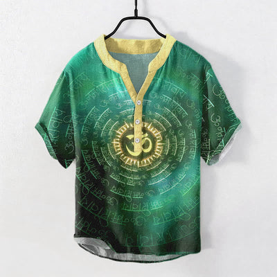 Buddha Stones Cotton Om Mantra Emblem Men's Short Sleeve Half Button Shirt - MediumSeaGreen - US/UK/AU50，EU60 (5XL) - image 5