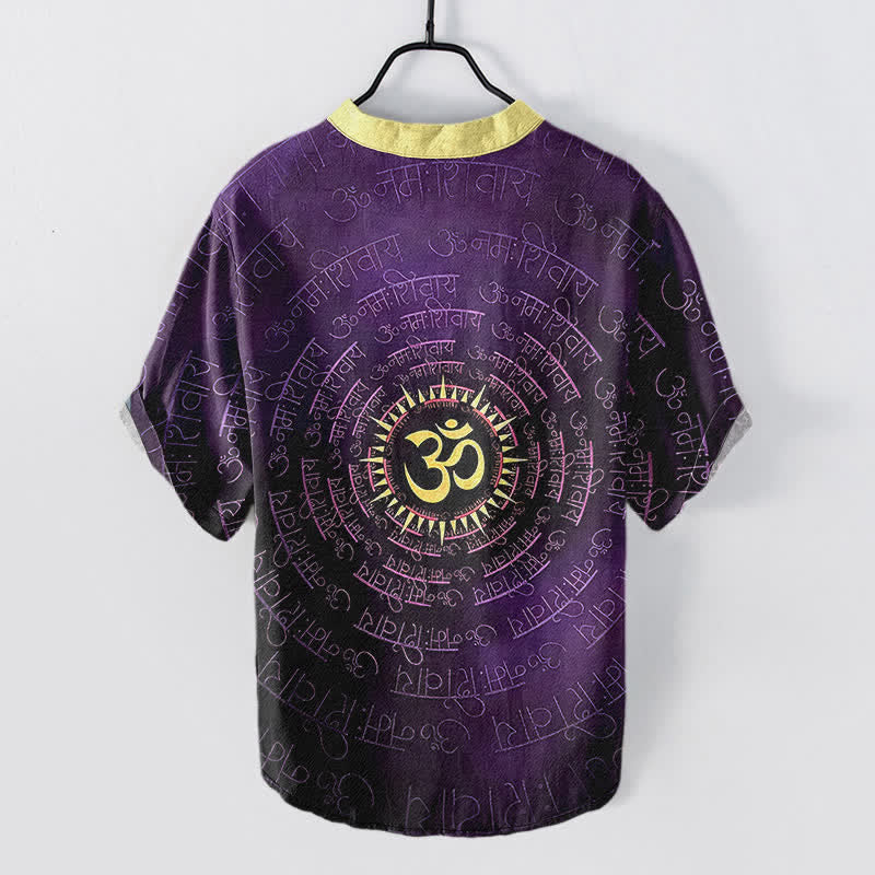 Buddha Stones Cotton Om Mantra Emblem Men's Short Sleeve Half Button Shirt - image 8
