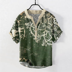Buddha Stones Cotton Lotus Mandala Emblem Men's Short Sleeve Half Button Shirt - DarkGreen - US/UK/AU50，EU60 (5XL) - image 0