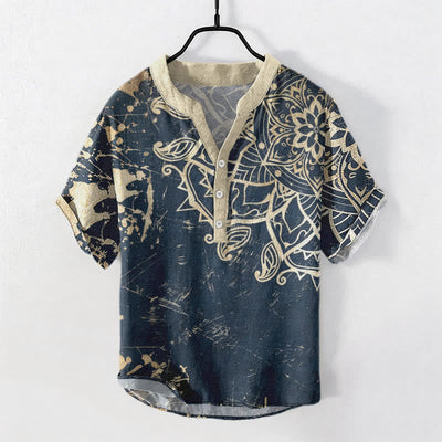 Buddha Stones Cotton Lotus Mandala Emblem Men's Short Sleeve Half Button Shirt - SteelBlue - US/UK/AU50，EU60 (5XL) - image 7
