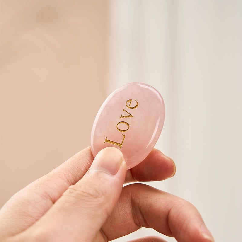 Buddha Stones LOVE Engraved Natural Rose Quartz Palm Stone Healing Crystal Decor - Rose Quartz 4-4.5*3-3.5cm - image 0