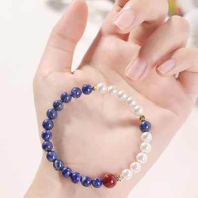 Buddha Stones Lapis Lazuli Lazurite Pearl Cinnabar Positive Beaded Bracelet - image 8