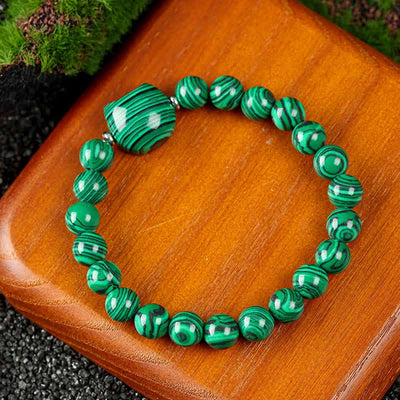 Buddha Stones Cute Cat Design Blue Lace Agate Clear Quartz  Beaded Bracelet - Malachite(Wrist Circumference 15–16cm) - image 8