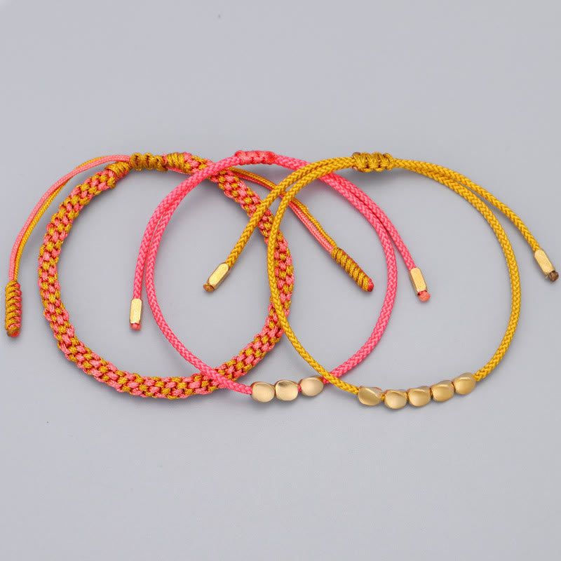Buddha Stones 3Pcs Pink Yellow String Golden Copper Beads Wealth Bracelet - image 8