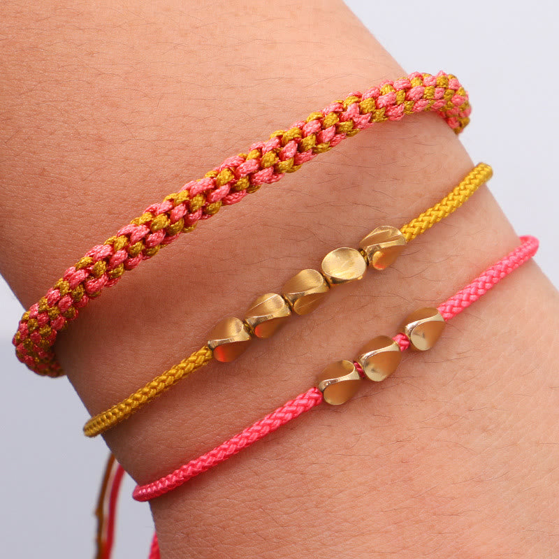 Buddha Stones 3Pcs Pink Yellow String Golden Copper Beads Wealth Bracelet - String(Wrist Circumference:16-26cm) - image 0