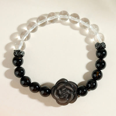 Buddha Stones Black Tourmaline Clear Quartz Carved Rose Flower Design Focus Bracelet - image 7