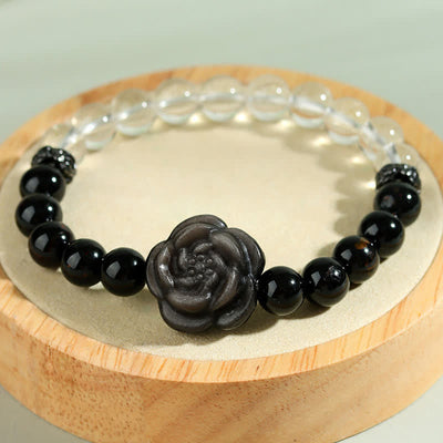 Buddha Stones Black Tourmaline Clear Quartz Carved Rose Flower Design Focus Bracelet - image 8