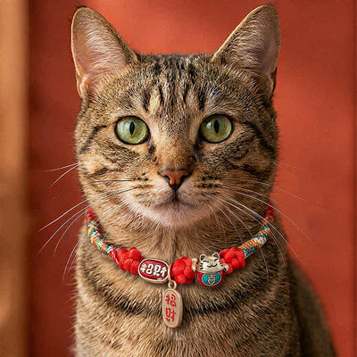 Buddha Stones Red String Plaited Auspicious Fu Character Protection Adjustable Cats Pet Collar - Red - 18-25cm - image 0