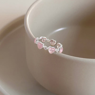 Buddha Stones 925 Sterling Silver Pink Cat's Eye Heart Design Adjustable Love Ring - image 0