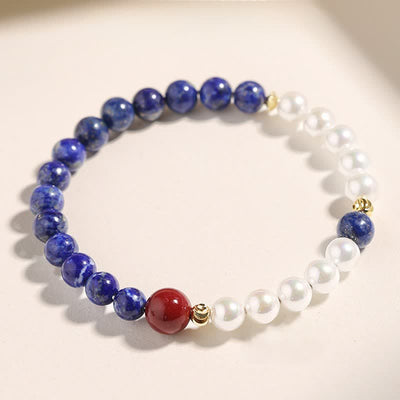 Buddha Stones Lapis Lazuli Lazurite Pearl Cinnabar Positive Beaded Bracelet - image 0
