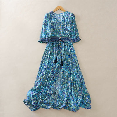 Buddha Stones Summer Peacock Paisley Tie Waist Viscose Lantern Sleeves Maxi Dress - Turquoise - US12，UK/AU16，EU44 (XL) - image 0