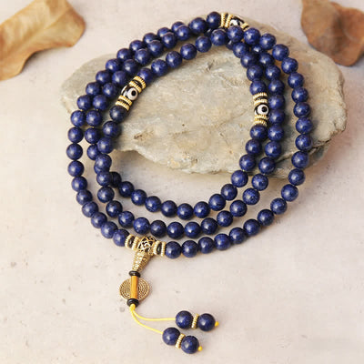 Buddha Stones 108 Beads Lazurite Lapis Lazuli Three-eyed Dzi Bead Positive Mala - Lapis Lazuli(Wrist Circumference 16-18cm) - image 0