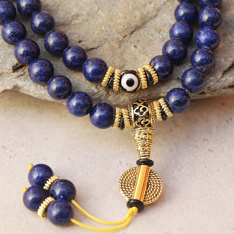 Buddha Stones 108 Beads Lazurite Lapis Lazuli Three-eyed Dzi Bead Positive Mala - image 3
