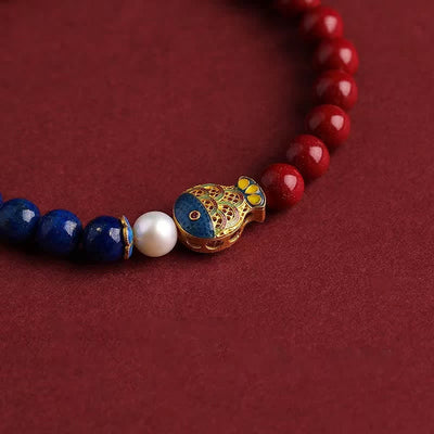 Buddha Stones Cinnabar Lapis Lazuli Koi Fish Ruyi Cloud Charm Blessing Beaded Bracelet - image 1