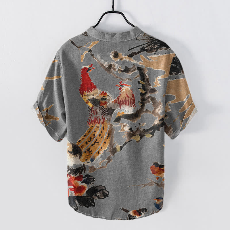 Buddha Stones Cotton Rooster Floral Ink Pattern Men's Short Sleeve Half Button Shirt - image 6