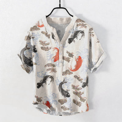 Buddha Stones Cotton Koi Fish Water Wave Pattern Men's Short Sleeve Half Button Shirt - Linen - US/UK/AU50，EU60 (5XL) - image 0