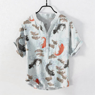 Buddha Stones Cotton Koi Fish Water Wave Pattern Men's Short Sleeve Half Button Shirt - LightCyan - US/UK/AU50，EU60 (5XL) - image 3