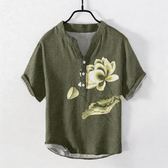 Buddha Stones Cotton Watercolor Lotus Pattern Men's Short Sleeve Half Button Shirt - DarkOliveGreen - US/UK/AU50，EU60 (5XL) - image 0