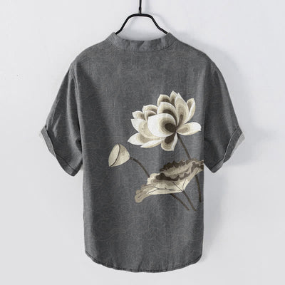 Buddha Stones Cotton Watercolor Lotus Pattern Men's Short Sleeve Half Button Shirt - image 8