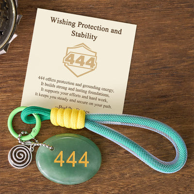 Buddha Stones "Wishing Protection and Stability" 444 Angel Number Natural Green Aventurine Key Chain Hanging Decoration Includes Gift Message Card - Green Aventurine - image 0