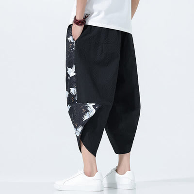 Buddha Stones Summer Drawstring Tassel Crane Print Men's Harem Pants - image 10