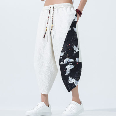 Buddha Stones Summer Drawstring Tassel Crane Print Men's Harem Pants - image 26