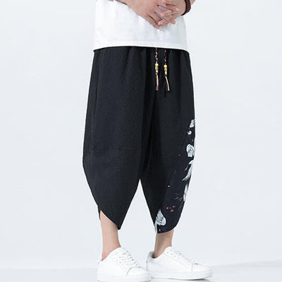 Buddha Stones Summer Drawstring Tassel Crane Print Men's Harem Pants - image 15