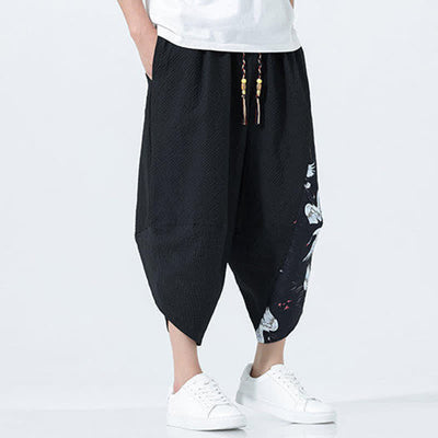 Buddha Stones Summer Drawstring Tassel Crane Print Men's Harem Pants - image 16