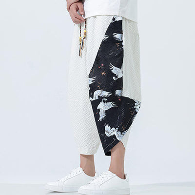 Buddha Stones Summer Drawstring Tassel Crane Print Men's Harem Pants - image 23
