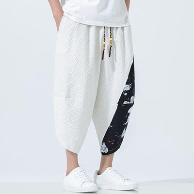 Buddha Stones Summer Drawstring Tassel Crane Print Men's Harem Pants - image 25