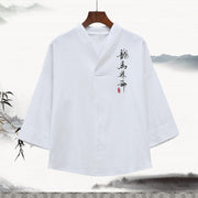 Foviel Summer Tang Style Embroidery Mandarin Collar Calligraphy Print Men's Elbow-Length Sleeve T-Shirts