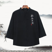 Foviel Summer Tang Style Embroidery Mandarin Collar Calligraphy Print Men's Elbow-Length Sleeve T-Shirts