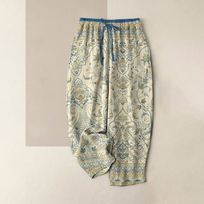 Buddha Stones Summer Cotton Paisley Floral Pattern Women's Elastic Waist Pants With Pockets - Beige - US16，UK/AU20，EU48 (3XL) - image 3