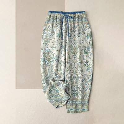 Buddha Stones Summer Cotton Paisley Floral Pattern Women's Elastic Waist Pants With Pockets - Ivory - US16，UK/AU20，EU48 (3XL) - image 4