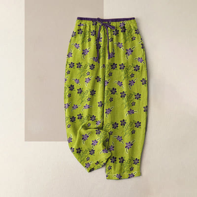 Buddha Stones Pure Cotton Purple Floral Leaf Pattern Women's Elastic Waist Pants With Pockets - YellowGreen - US16，UK/AU20，EU48 (3XL) - image 0