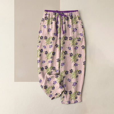 Buddha Stones Pure Cotton Purple Floral Leaf Pattern Women's Elastic Waist Pants With Pockets - Pink - US16，UK/AU20，EU48 (3XL) - image 4