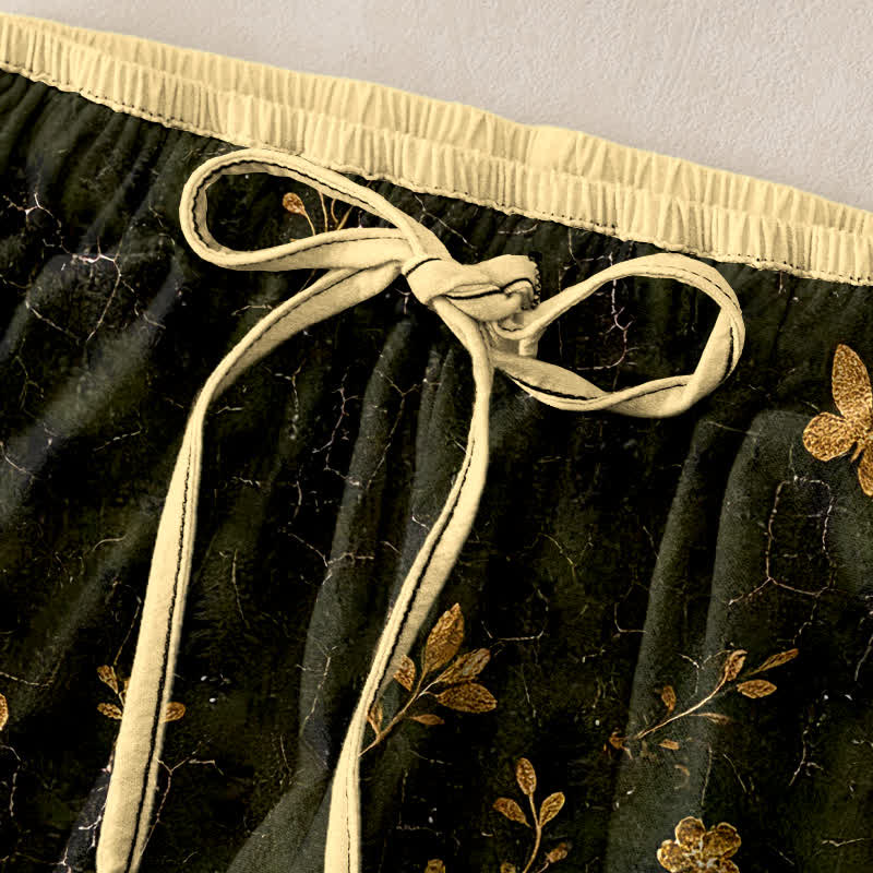 Buddha Stones Pure Cotton Gold Butterfly Floral Pattern Women's Elastic Waist Pants With Pockets - image 1