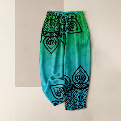 Buddha Stones Pure Cotton Gradient Mandala Pattern Women's Elastic Waist Pants With Pockets - Turquoise - US16，UK/AU20，EU48 (3XL) - image 3