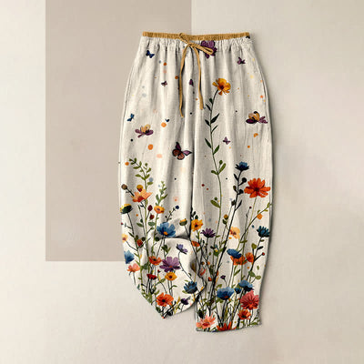 Buddha Stones Pure Cotton Bohemian Floral Butterfly Pattern Women's Elastic Waist Pants With Pockets - Ivory - US16，UK/AU20，EU48 (3XL) - image 0