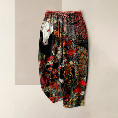 Buddha Stones Pure Cotton Bohemian Floral Horse Pattern Women's Elastic Waist Pants With Pockets - Black - US16，UK/AU20，EU48 (3XL) - image 0