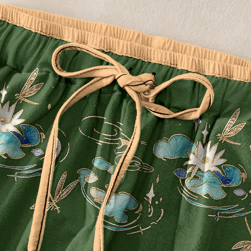 Buddha Stones Pure Cotton Lotus Wave Pattern Women's Elastic Waist Pants With Pockets - image 1
