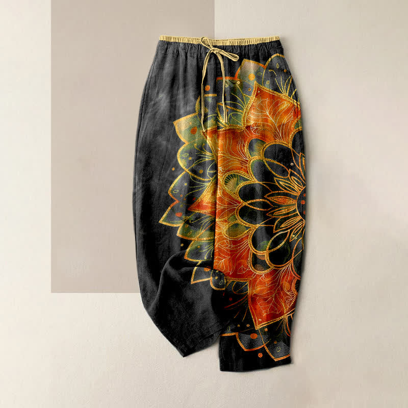 Buddha Stones Pure Cotton Gold Mandala Pattern Women's Elastic Waist Pants With Pockets - Black - US16，UK/AU20，EU48 (3XL) - image 5