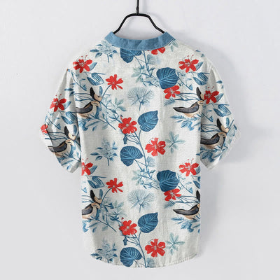 Buddha Stones Cotton Tropical Floral Bird Pattern Men's Short Sleeve Half Button Shirt - image 1