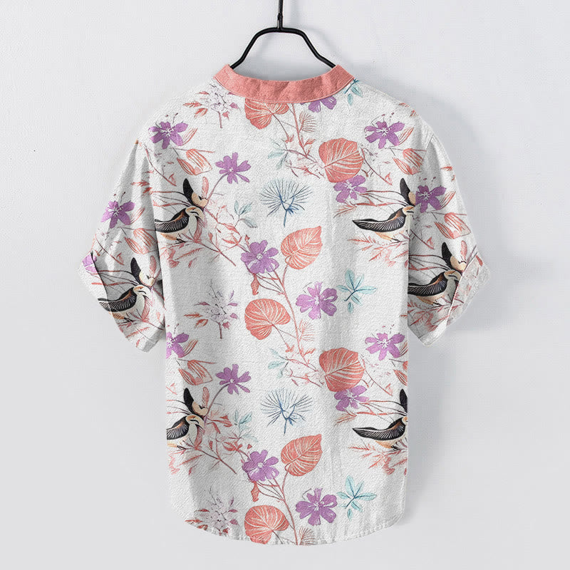 Buddha Stones Cotton Tropical Floral Bird Pattern Men's Short Sleeve Half Button Shirt - image 6